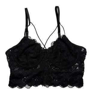 SHEIN Black Lace Longline Bralette Crop Top Strappy Crisscross Front‎ XS